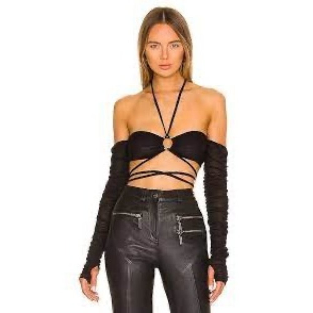 BY Dyln Shirt Womens XS Black Long Sleeve Lumi Crop Strappy Halter Off Shoulder